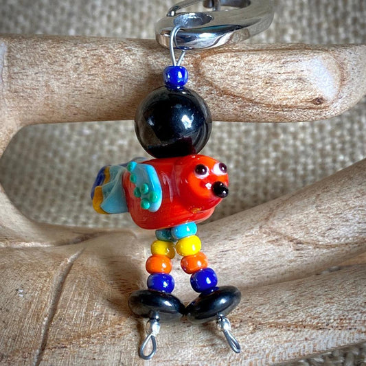 Colorful Shungite Bird Clip-on, Red and Blue, Artisan Lampwork Glass