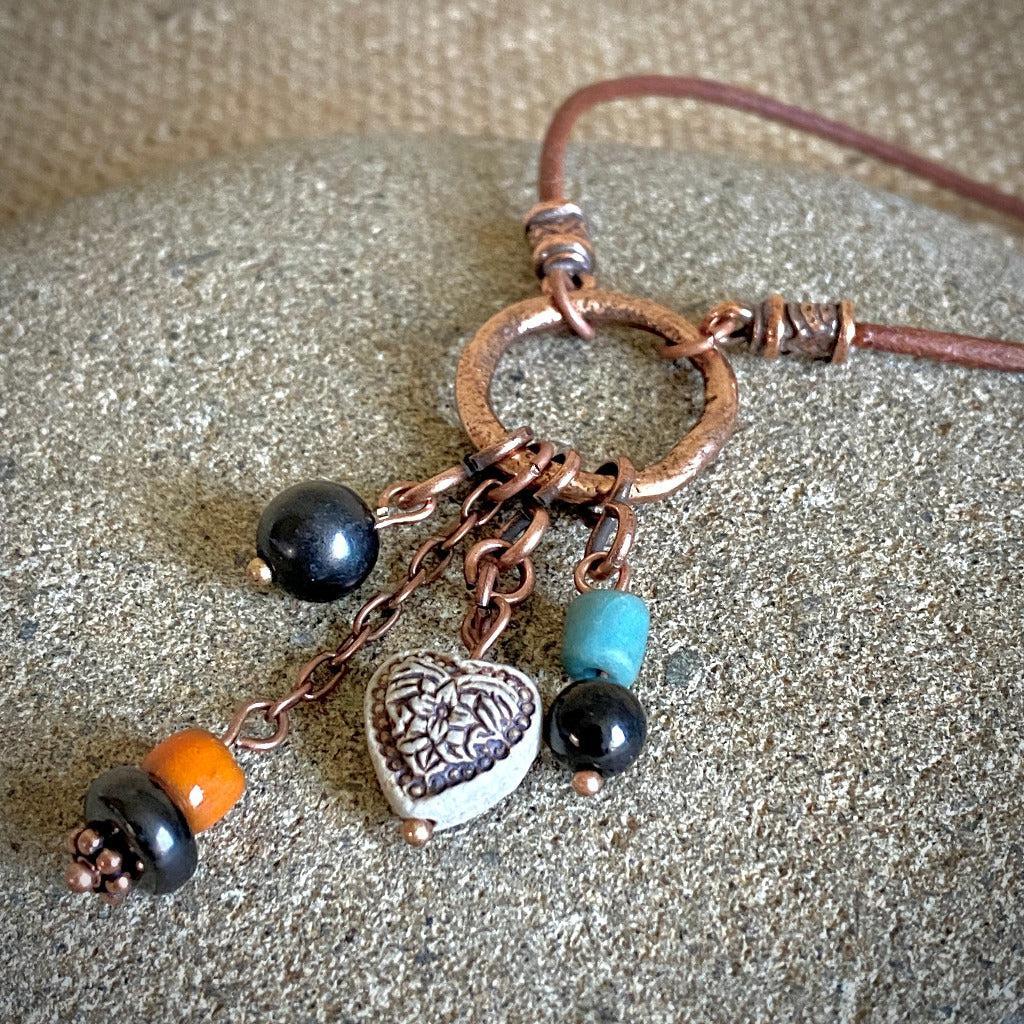 Copper Hoop Necklace with Shungite, Recycled Glass & Ceramic Beads