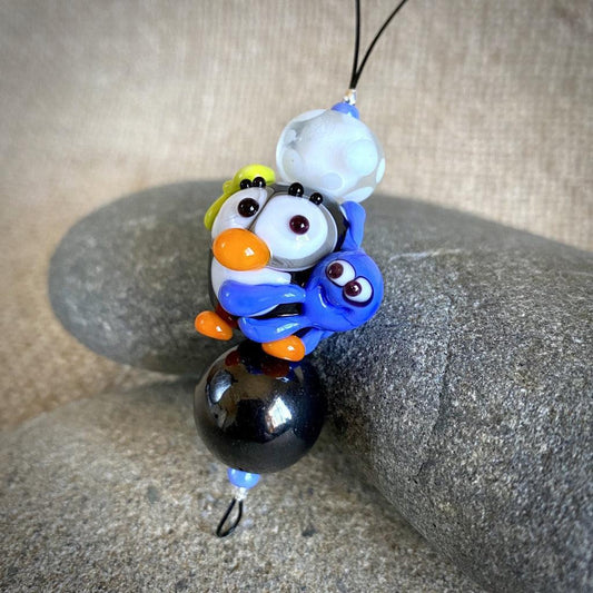 Hangable EMF Accessory w/Shungite, Black "Squeedle" & Blue Octopus