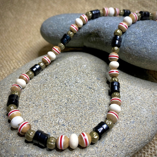 Wood & Brass Bead Necklace with Shungite Heishi Beads, Unisex