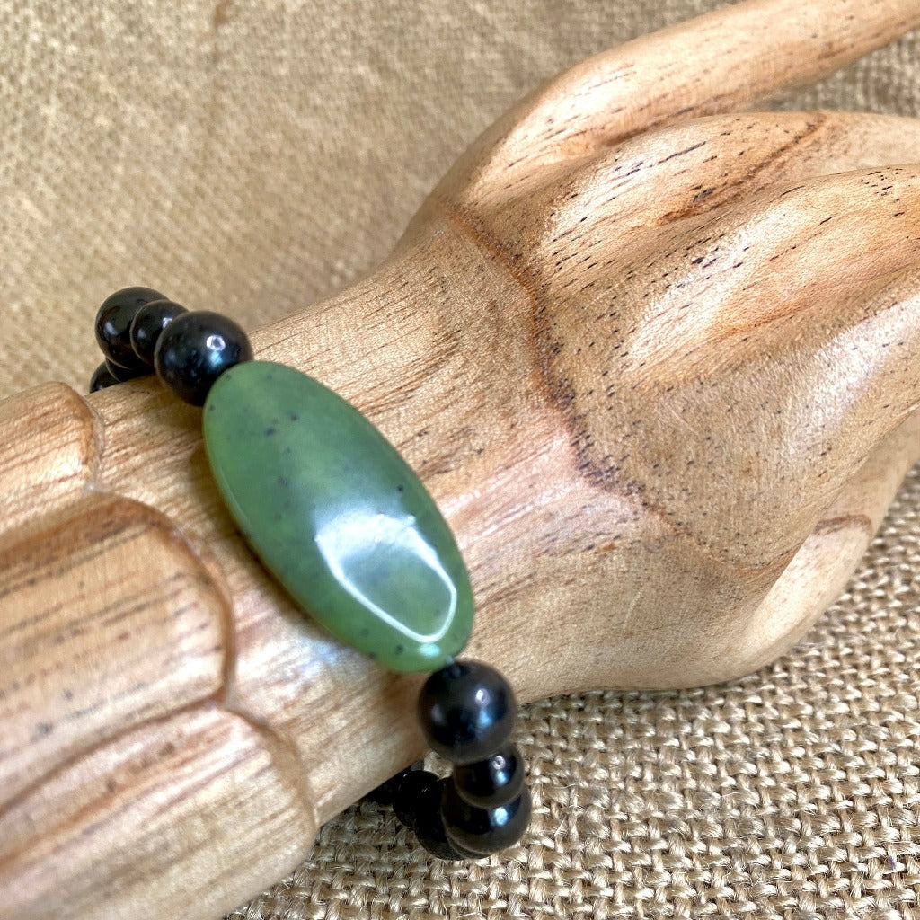Shungite Bracelet Large Oval Green Jade Focal Bead