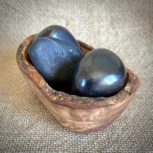 Tumbled Jumbo Shungite Stone Trio in Mediterranean Olive Wood Bowl