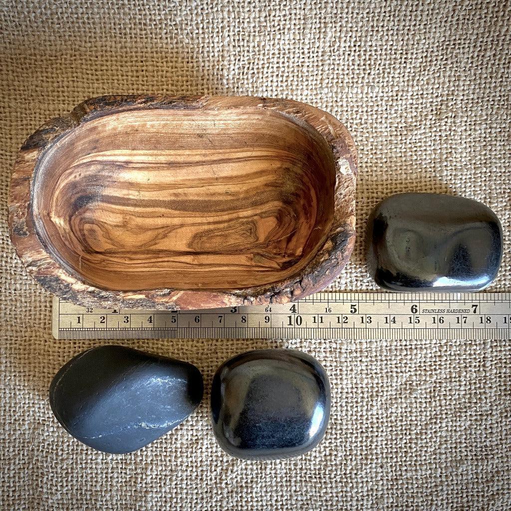 Tumbled Jumbo Shungite Stone Trio in Mediterranean Olive Wood Bowl