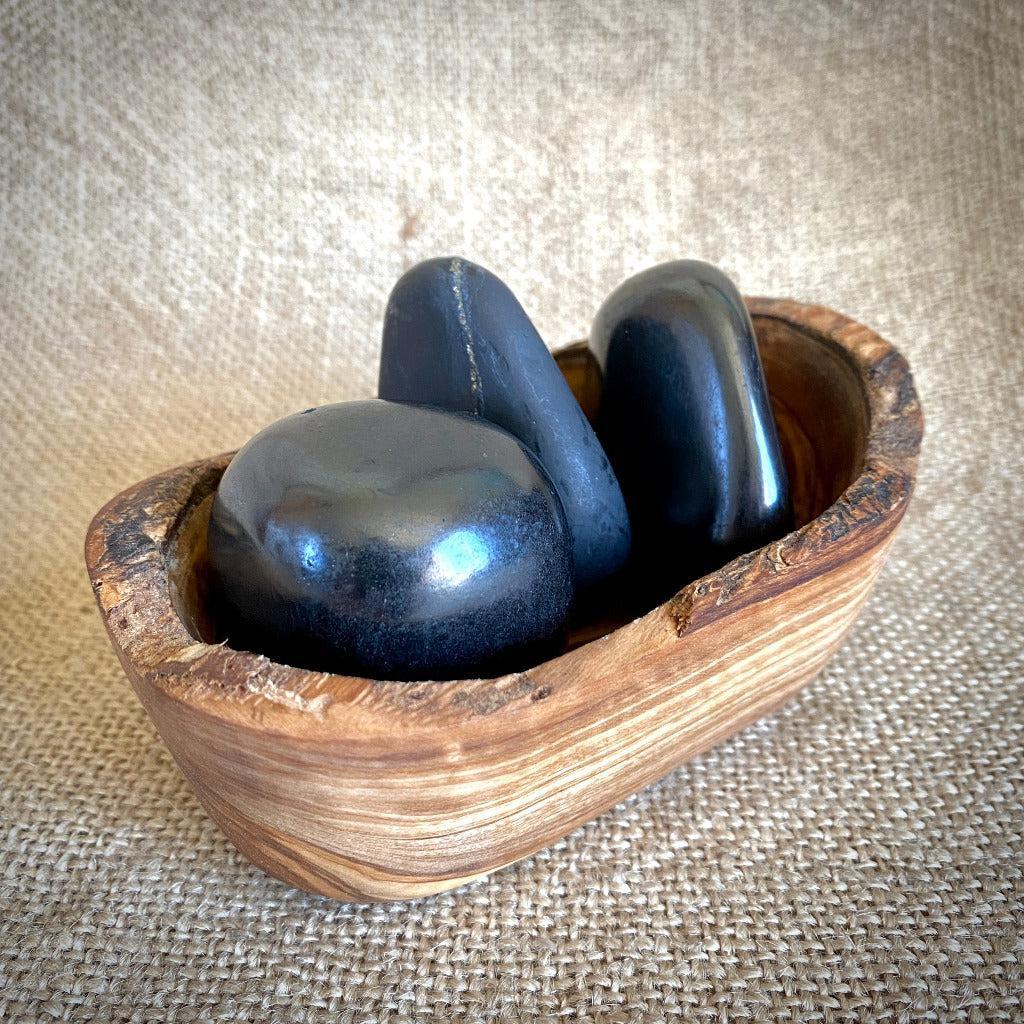 Tumbled Jumbo Shungite Stone Trio in Mediterranean Olive Wood Bowl