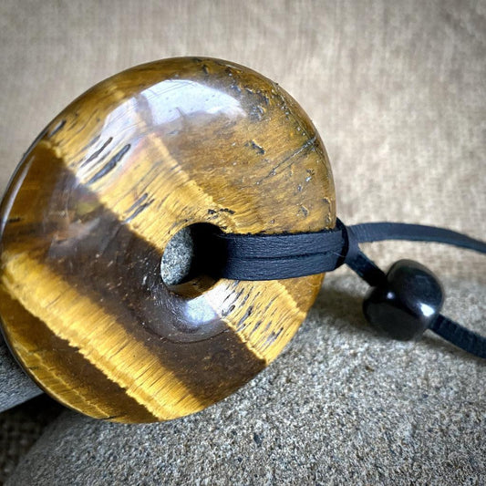 Large Yellow Tiger's Eye Donut Pendant With Black Shungite Bead