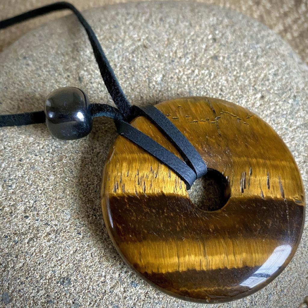Large Yellow Tiger's Eye Donut Pendant With Black Shungite Bead