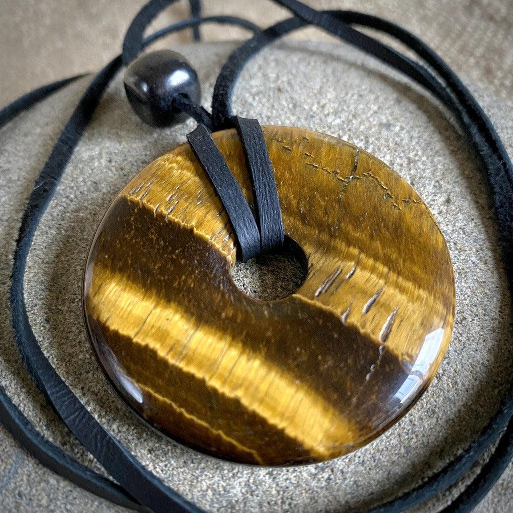 Large Yellow Tiger's Eye Donut Pendant With Black Shungite Bead