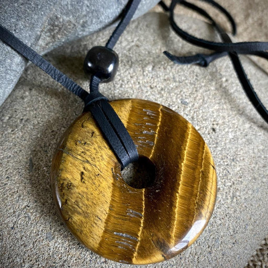 Large Yellow Tiger's Eye Donut Pendant With Black Shungite Bead
