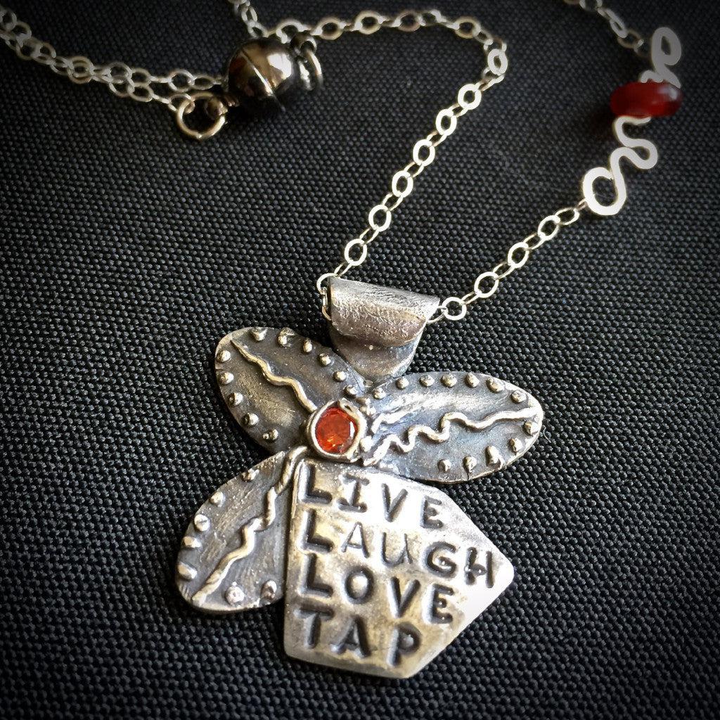 "Live Laugh Love Tap" Tapping Necklace, Flower With Red Agate Bead, Fine Silver, Sterling Chain - Shungite Queen
