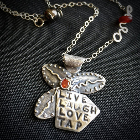 "Live Laugh Love Tap" Tapping Necklace, Flower With Red Agate Bead, Fine Silver, Sterling Chain - Shungite Queen