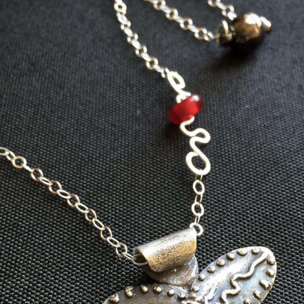 "Live Laugh Love Tap" Tapping Necklace, Flower With Red Agate Bead, Fine Silver, Sterling Chain - Shungite Queen