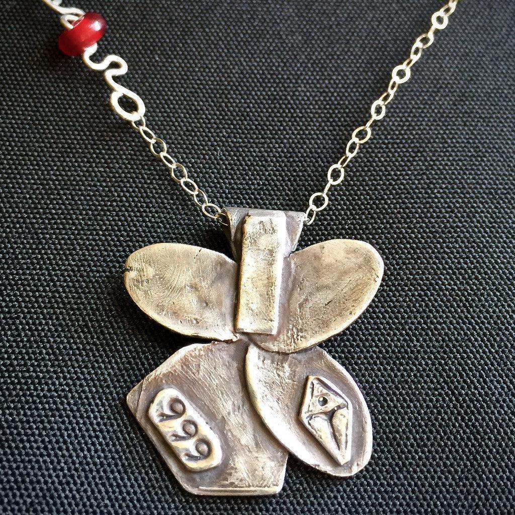 "Live Laugh Love Tap" Tapping Necklace, Flower With Red Agate Bead, Fine Silver, Sterling Chain - Shungite Queen