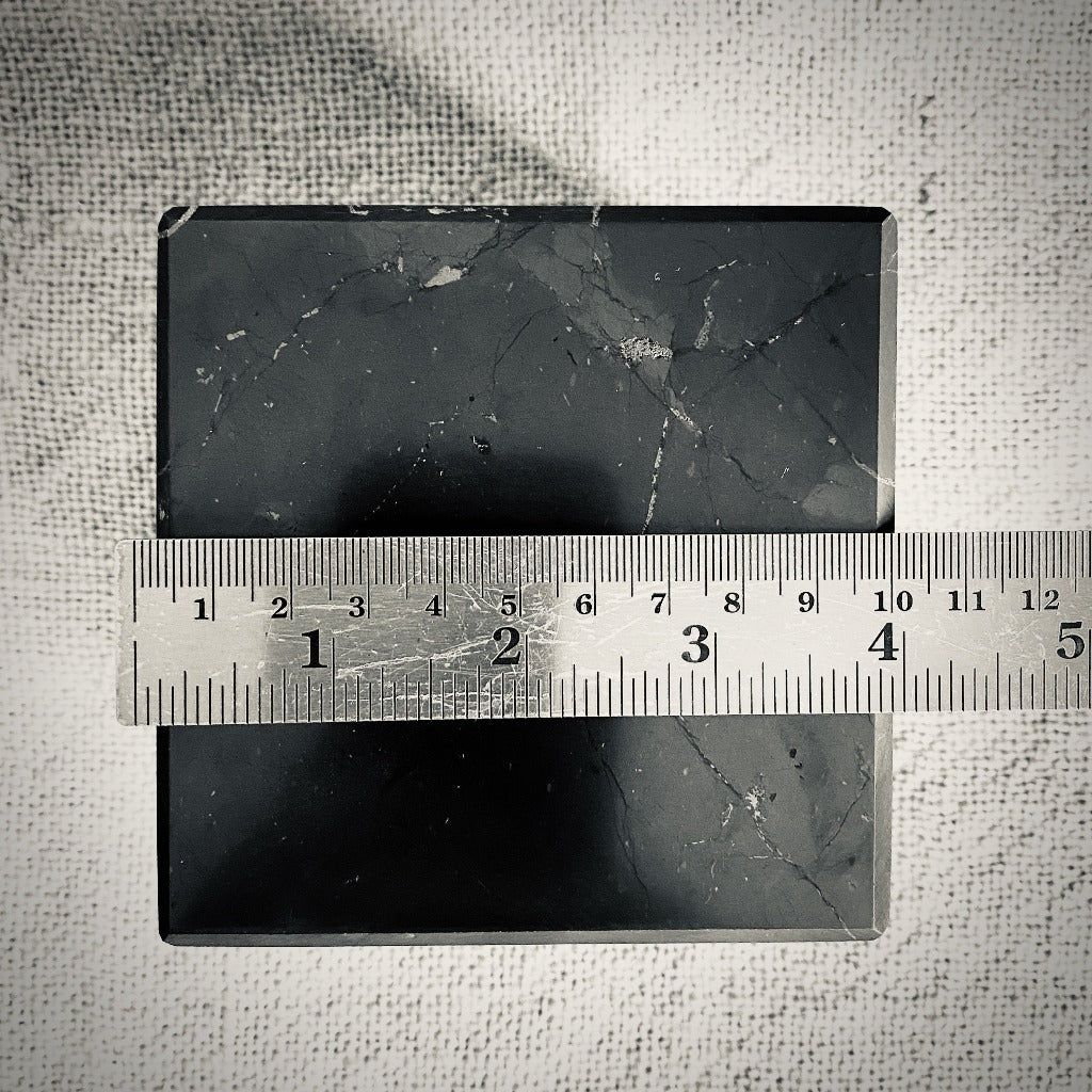 Polished Shungite Cube | 4 Inch (100 mm), Custom Mahogany Stand