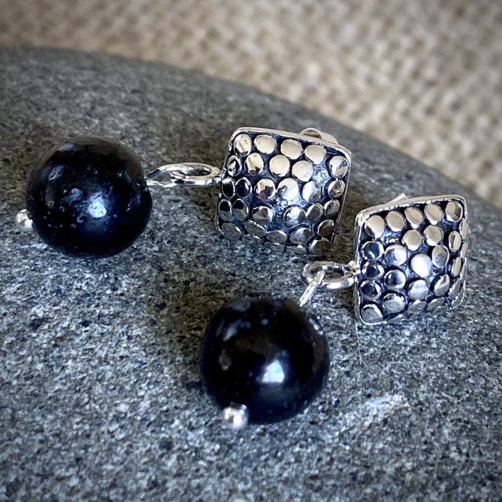Puffy Bumpy Square Sterling Silver & Shungite Post Earrings