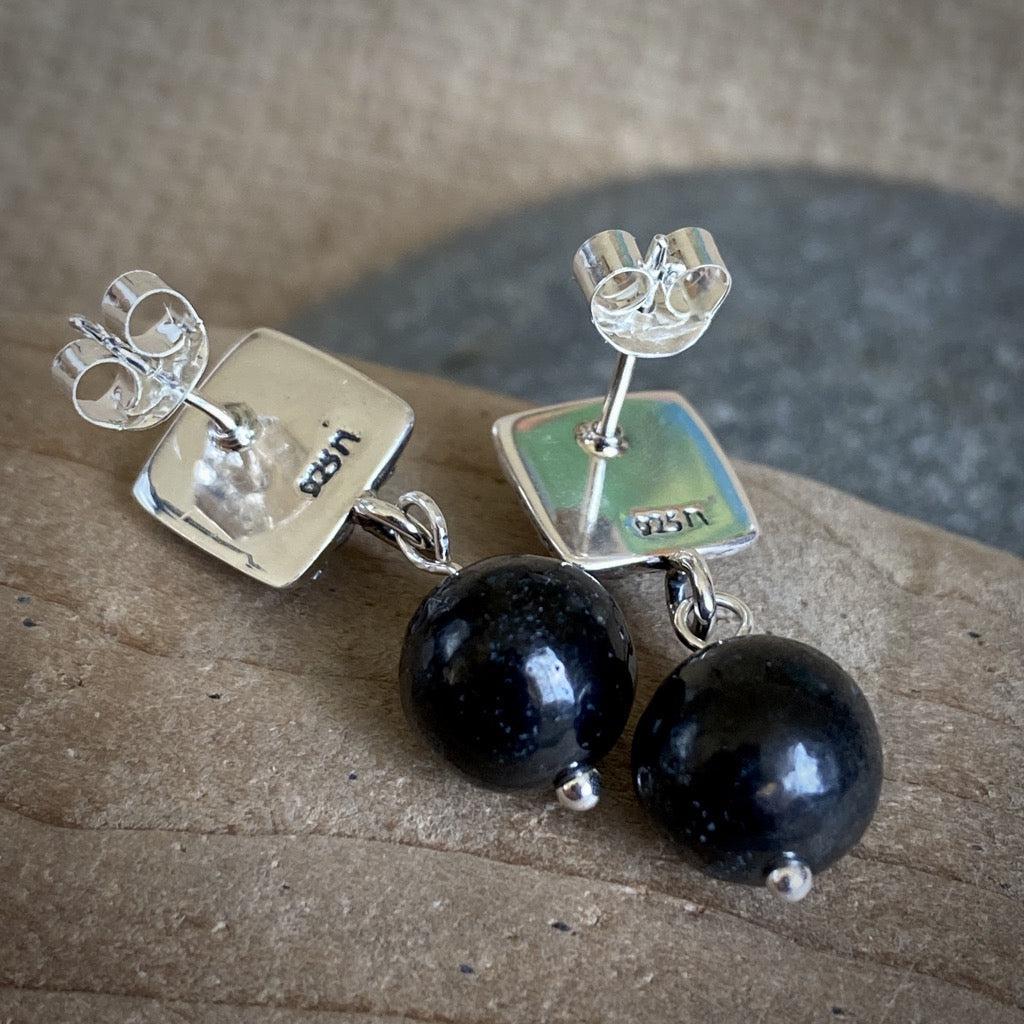Puffy Bumpy Square Sterling Silver & Shungite Post Earrings