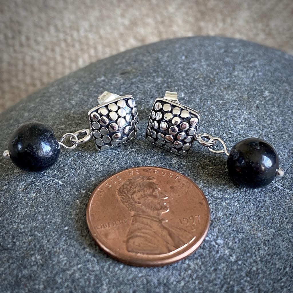Puffy Bumpy Square Sterling Silver & Shungite Post Earrings