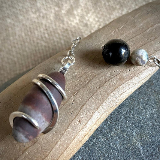 Shiva Lingham Pendulum, Sterling Silver, Shungite Kambaba Jasper Grip