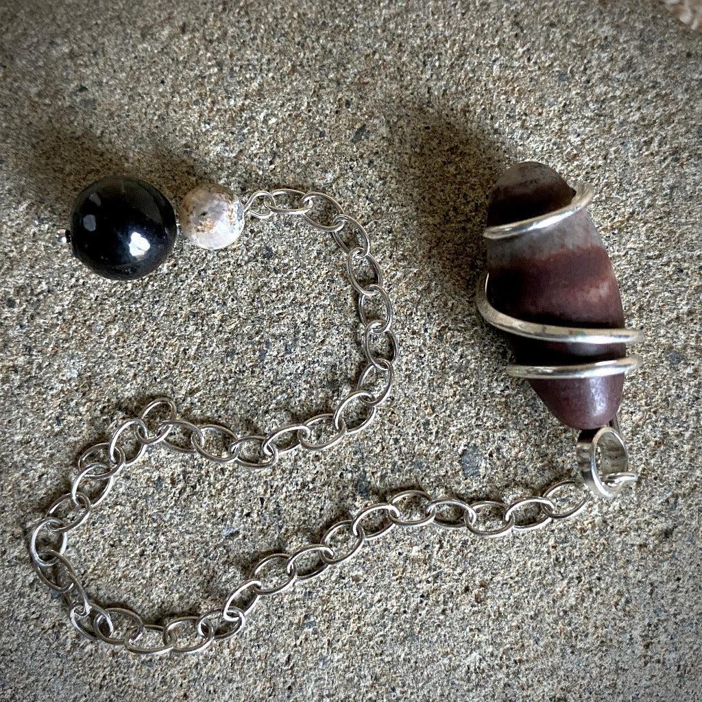 Shiva Lingham Pendulum, Sterling Silver, Shungite Kambaba Jasper Grip