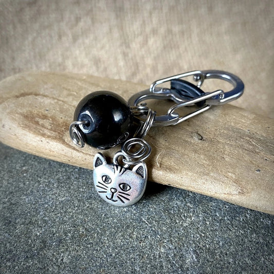 Shungite Bead Cat Collar Charm | Silver Kitty Face, Carabiner Clip