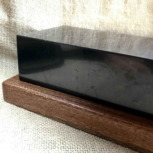 Shungite Brick | Genuine Black Shungite on Custom Mahogany Base side