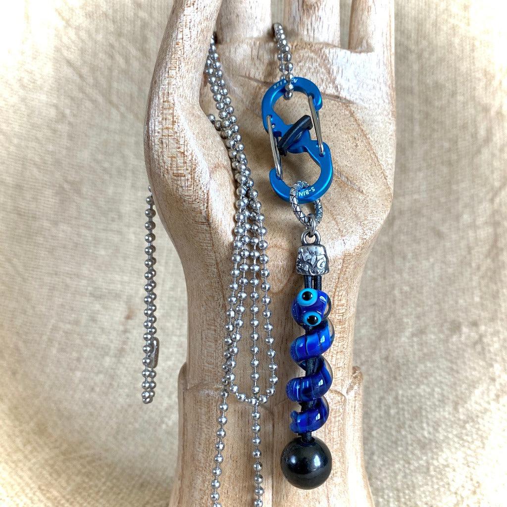 Shungite Clip-on With Friendly Blue Snake, Lampwork Glass Bead