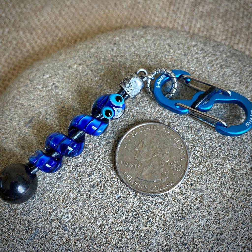 Shungite Clip-on With Friendly Blue Snake, Lampwork Glass Bead