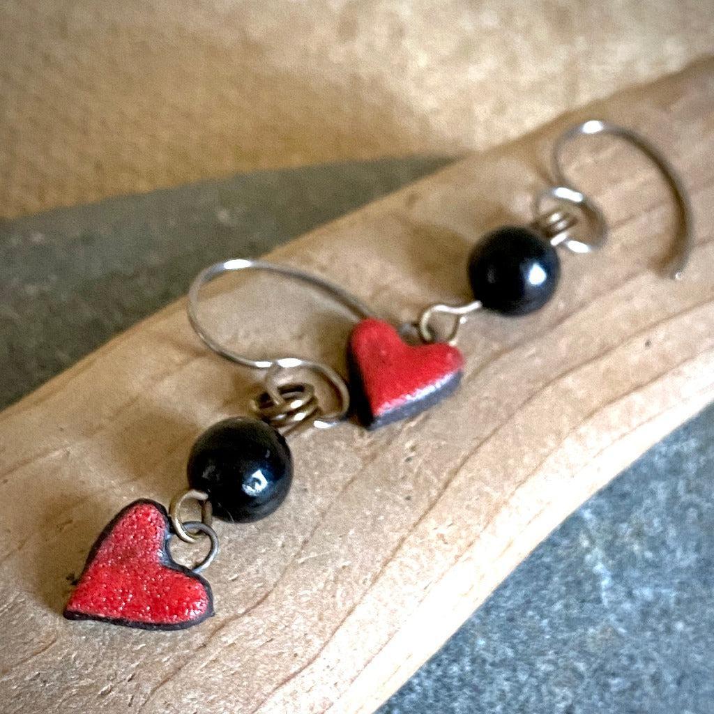 Shungite & Colorful Ceramic Heart Earrings, Brass, Titanium Ear Wires