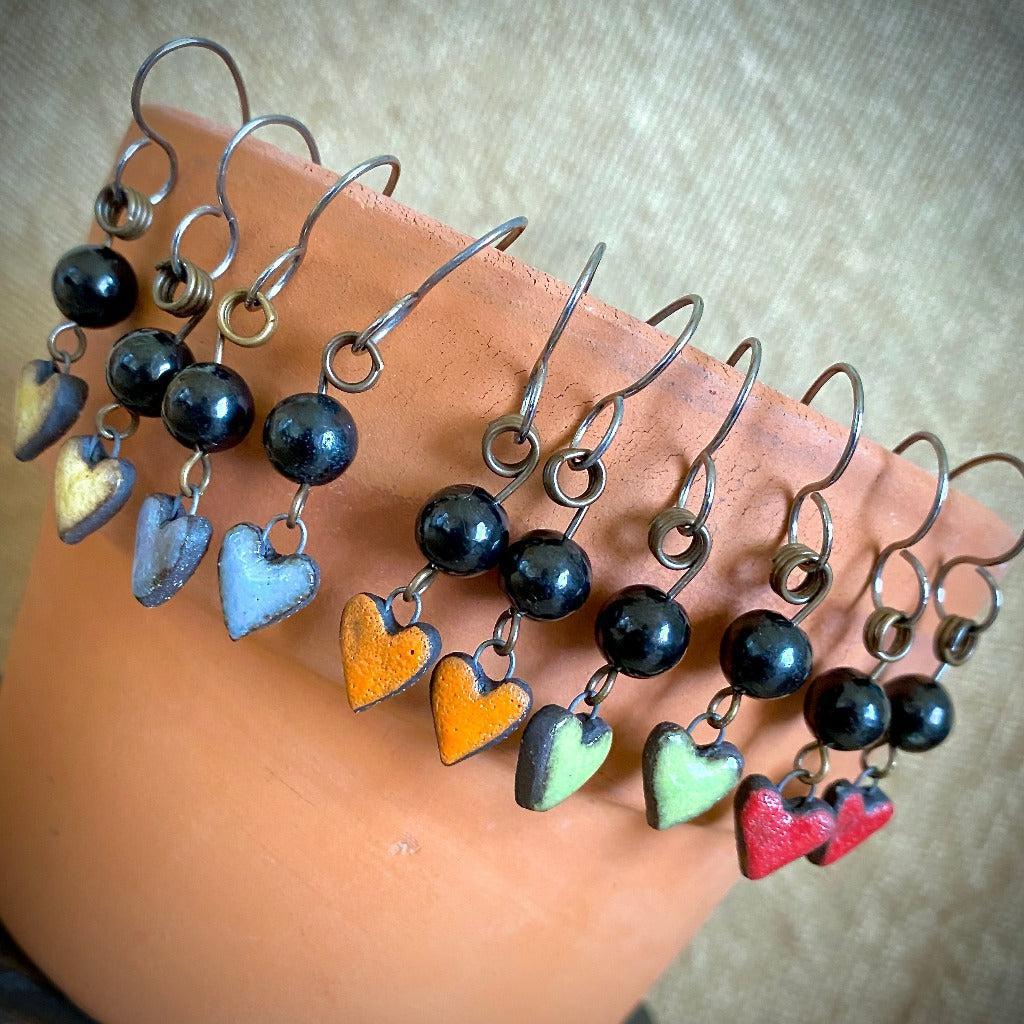 Shungite & Colorful Ceramic Heart Earrings, Brass, Titanium Ear Wires
