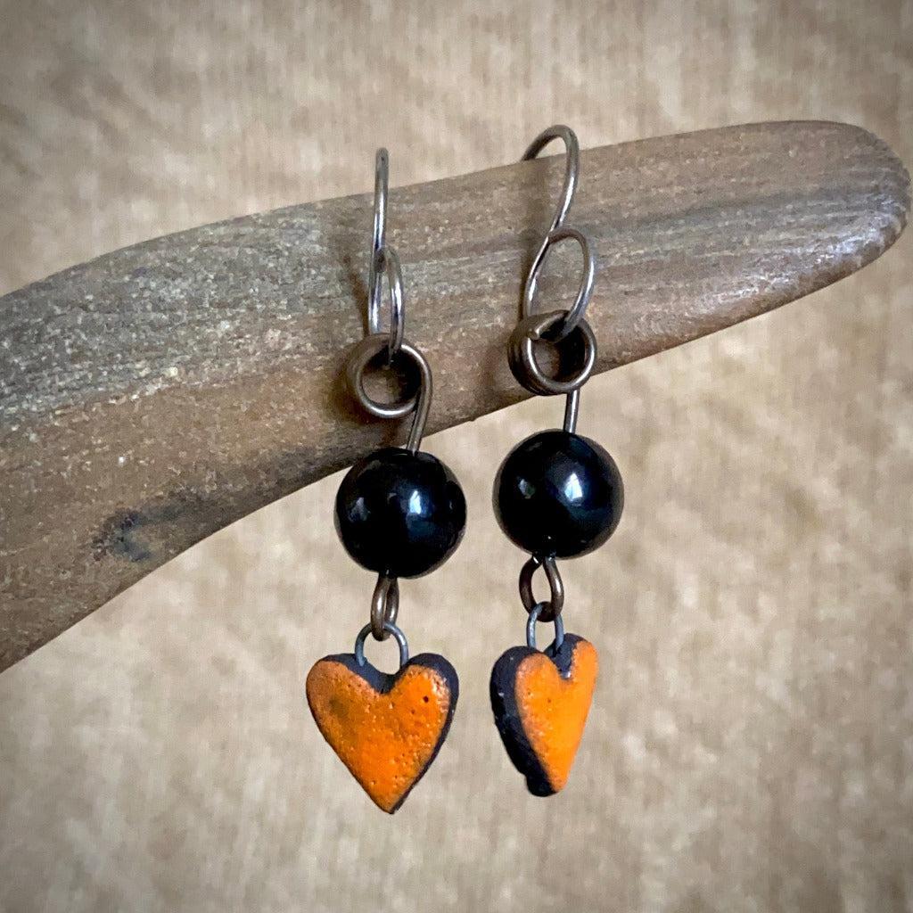 Shungite & Colorful Ceramic Heart Earrings, Brass, Titanium Ear Wires