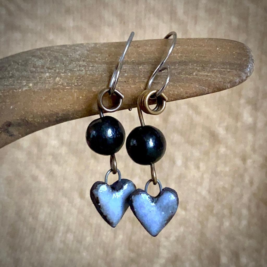 Shungite & Colorful Ceramic Heart Earrings, Brass, Titanium Ear Wires
