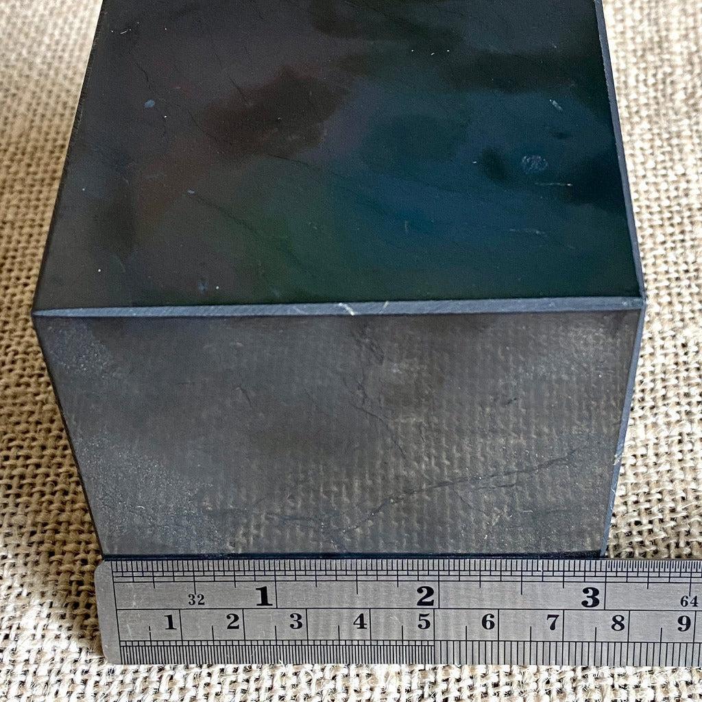 Shungite Cube, 3 Inch (75 mm) on Custom Mahogany Stand - Shungite Queen