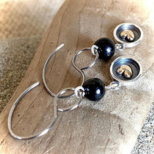 Shungite Earrings, Sterling Silver Shadow Box With Bronze Heart