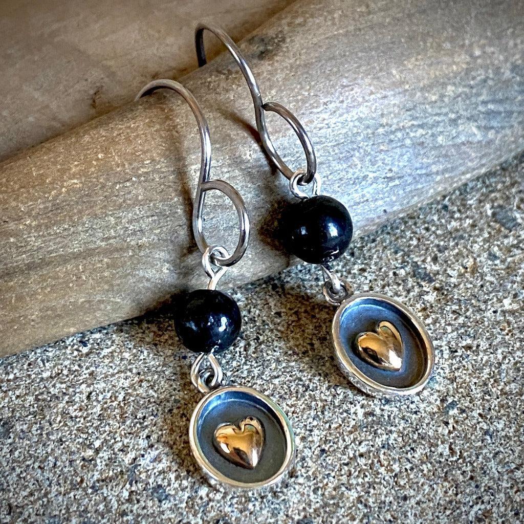 Shungite Earrings, Sterling Silver Shadow Box With Bronze Heart