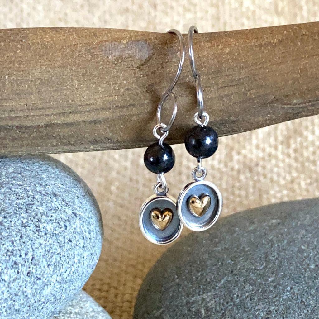 Shungite Earrings, Sterling Silver Shadow Box With Bronze Heart