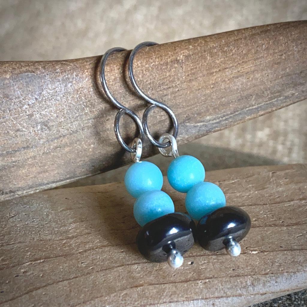Shungite Earrings with Amazonite, Emotional Soothing, Balancing