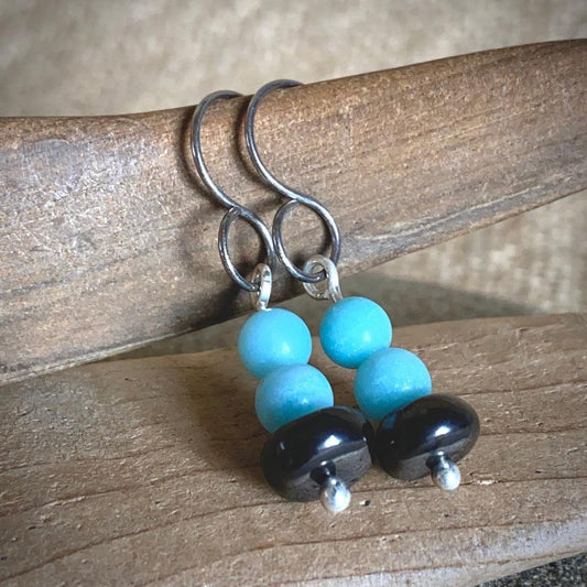 Shungite Earrings with Amazonite, Emotional Soothing, Balancing