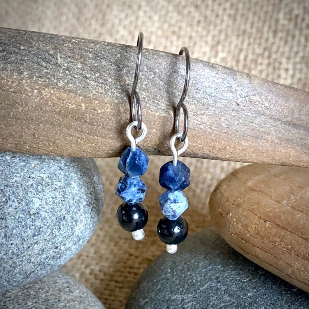 Shungite Earrings with Sodalite, Communication, Focus, Emotional Balance