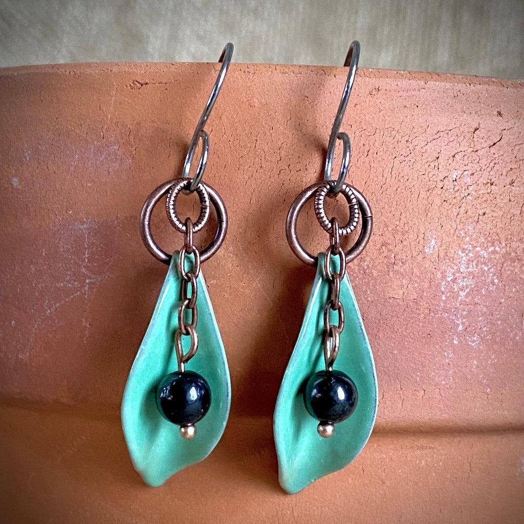 Shungite & Lime Green Willow Leaf Earrings, Hand-Enameled Copper