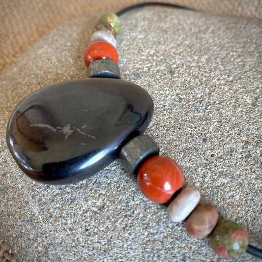 Shungite Medallion Necklace, Pyrite, Jasper, Fossilized Coral, Unakite