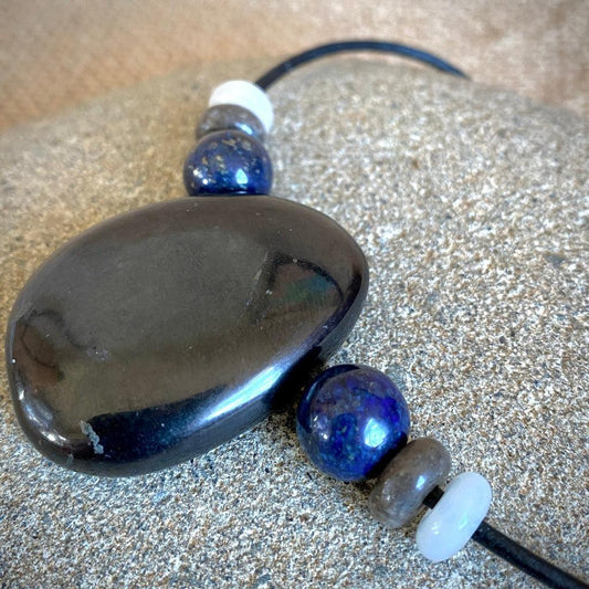 Shungite Medallion Unisex Necklace, Lapis, Fossilized Coral, Moonstone