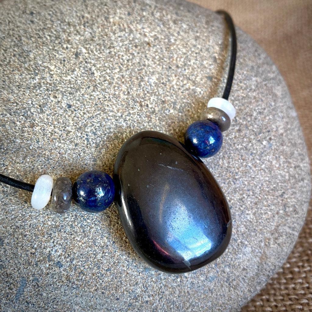 Shungite Medallion Unisex Necklace, Lapis, Fossilized Coral, Moonstone