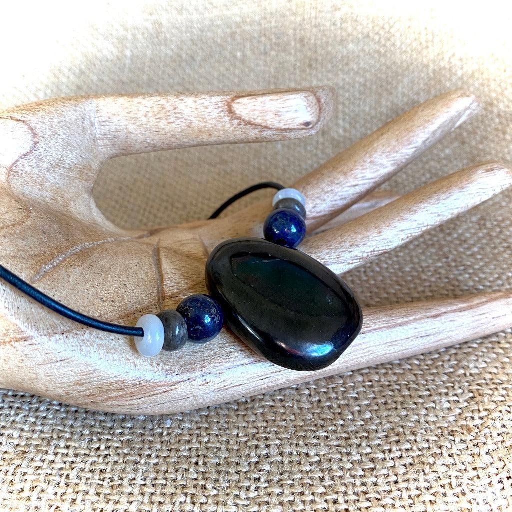 Shungite Medallion Unisex Necklace, Lapis, Fossilized Coral, Moonstone
