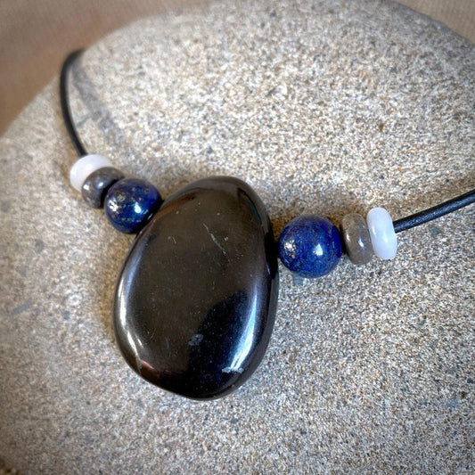 Shungite Medallion Unisex Necklace, Lapis, Fossilized Coral, Moonstone