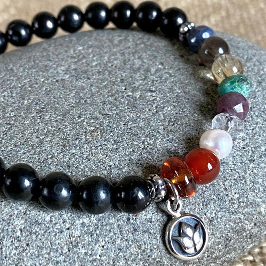 Shungite Navaratna Bracelet | 9 Astrological Gemstones & Lotus Charm