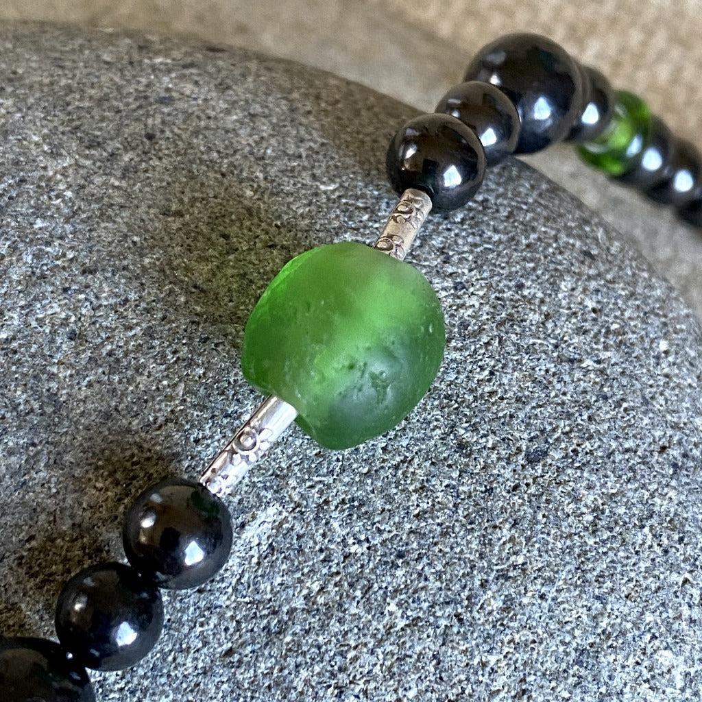 Shungite Necklace, Hill Tribe Silver, Recycled Glass Beads from Ghana