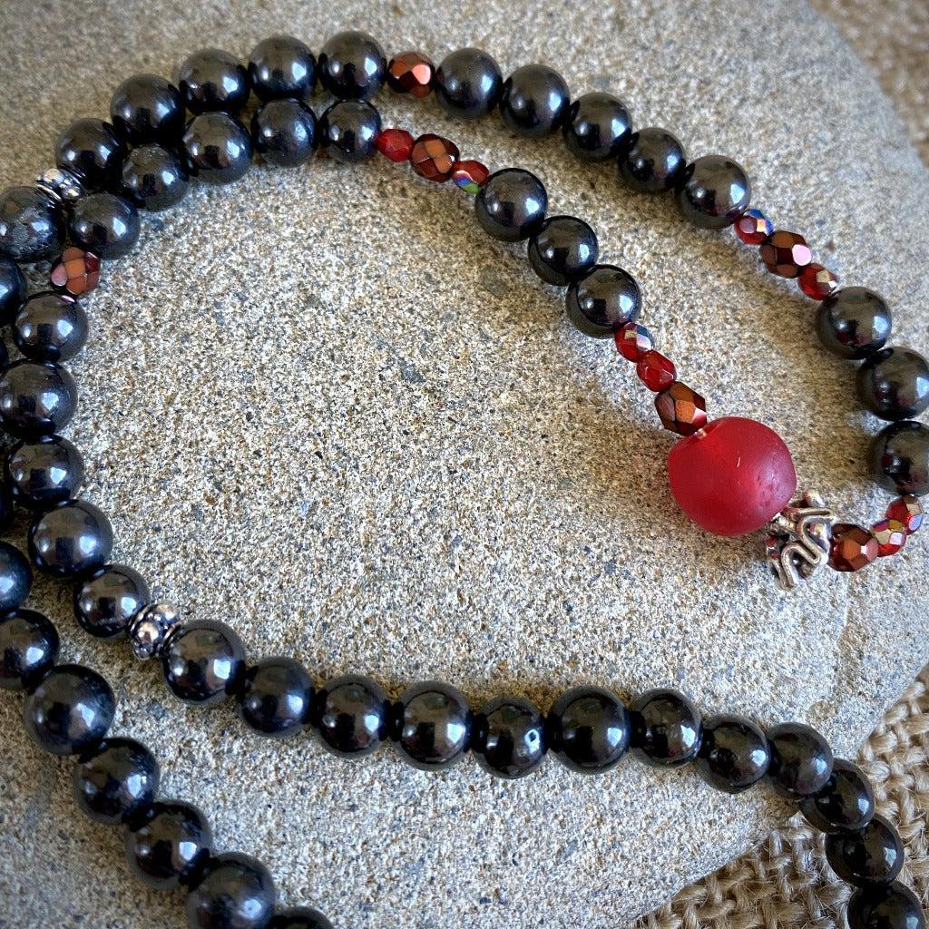 Shungite Necklace, Mixed Red Glass Beads, Shungite Holiday Bling
