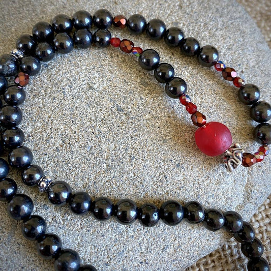 Shungite Necklace, Mixed Red Glass Beads, Shungite Holiday Bling