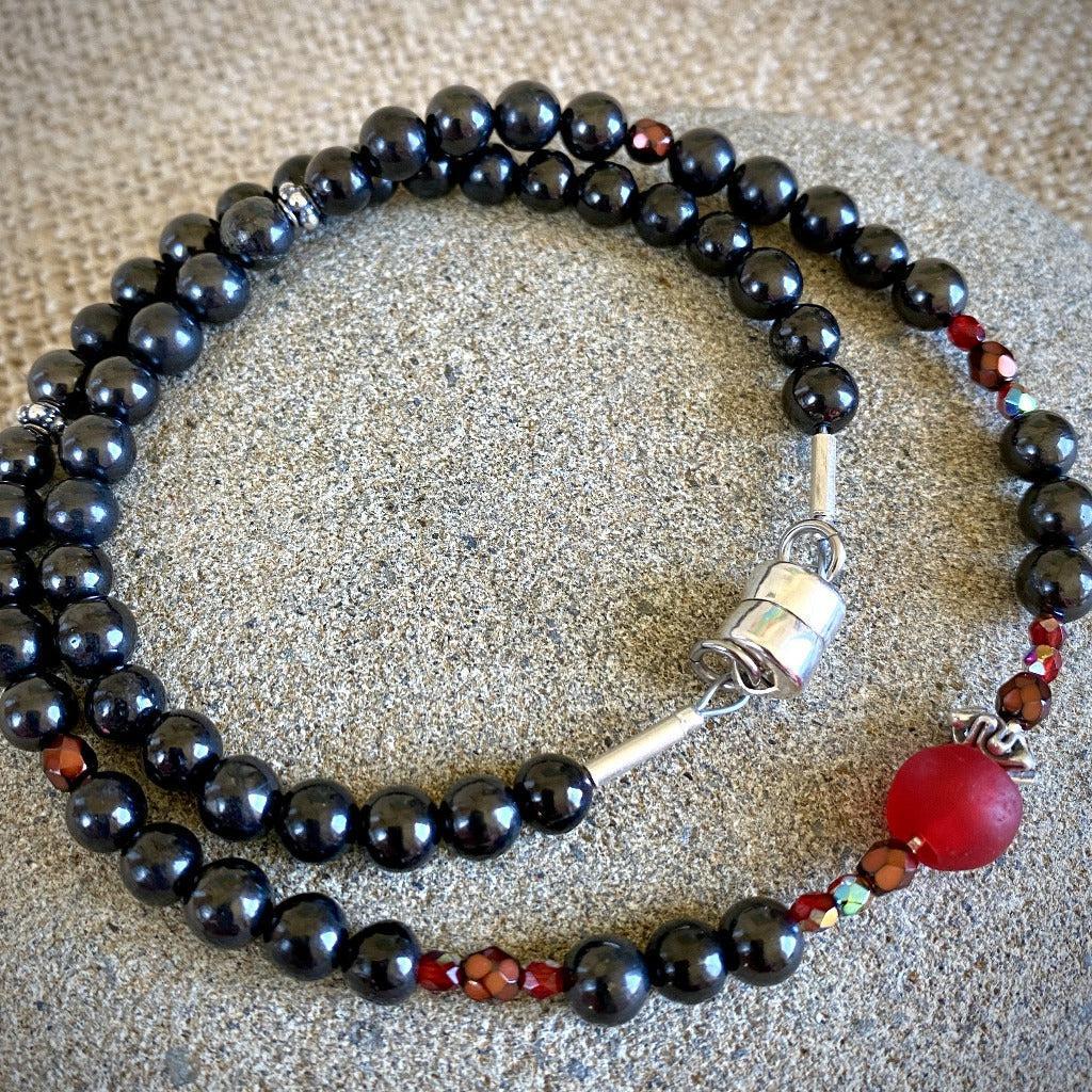 Shungite Necklace, Mixed Red Glass Beads, Shungite Holiday Bling