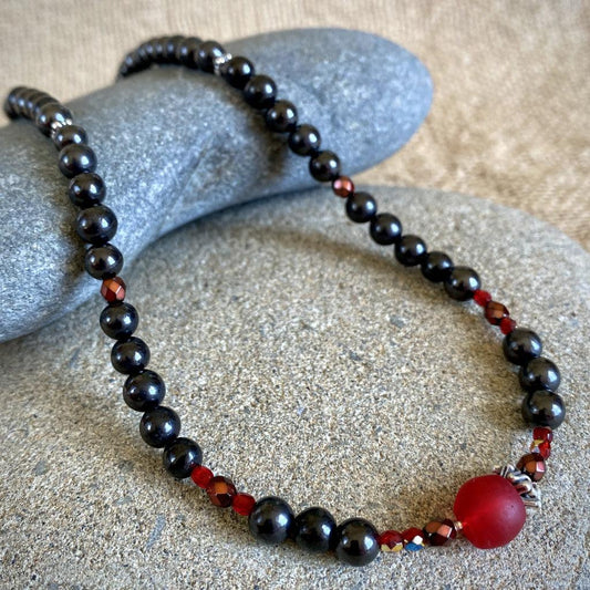 Shungite Necklace, Mixed Red Glass Beads, Shungite Holiday Bling
