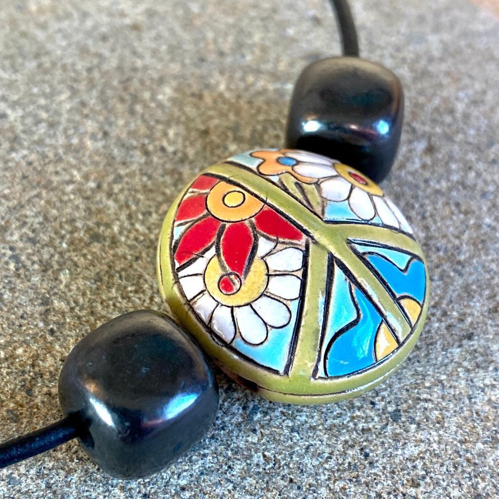 Shungite Necklace Colorful Hippie Peace Sign Stoneware Lentil Bead